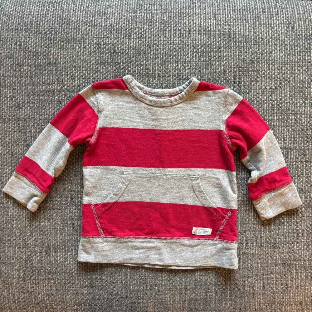 GAP Baby Red & Gray Striped Crewneck Sweatshirt w/ Kangaroo Pocket Size 18–24M 🧸
